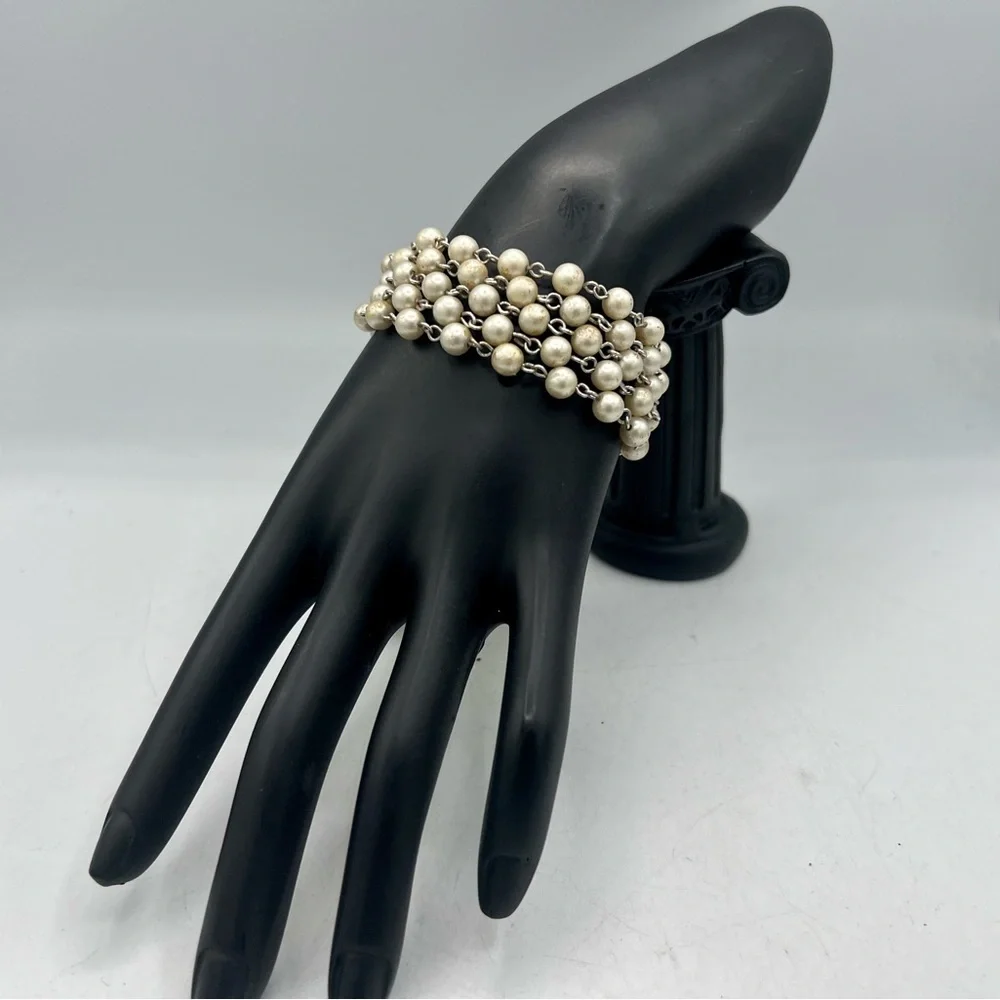 Vintage CORO multi strand silver & faux pearl bracelet 7”